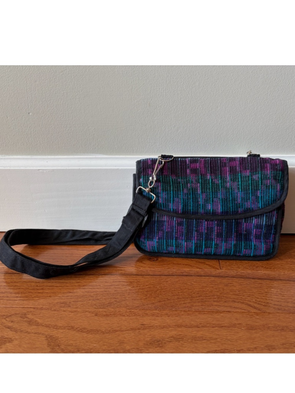 Vintage Guatemalan Handwoven Cotton Crossbody Bag Purple Blue Black Textile Boho